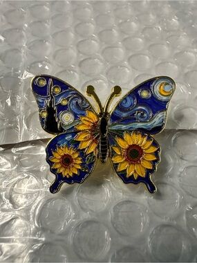 Butterfly Sunflower Enamel Brooch - Blue & Yellow